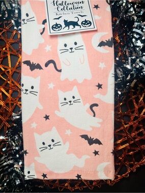 2 Halloween Ghost Kitty Cats Kitchen Towel Pink White Black Bats Stars